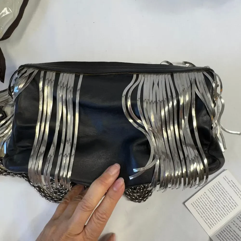 Trussardi Black Leather Fringe Crossbody Shoulder Bag Silver Chain Italy - F606